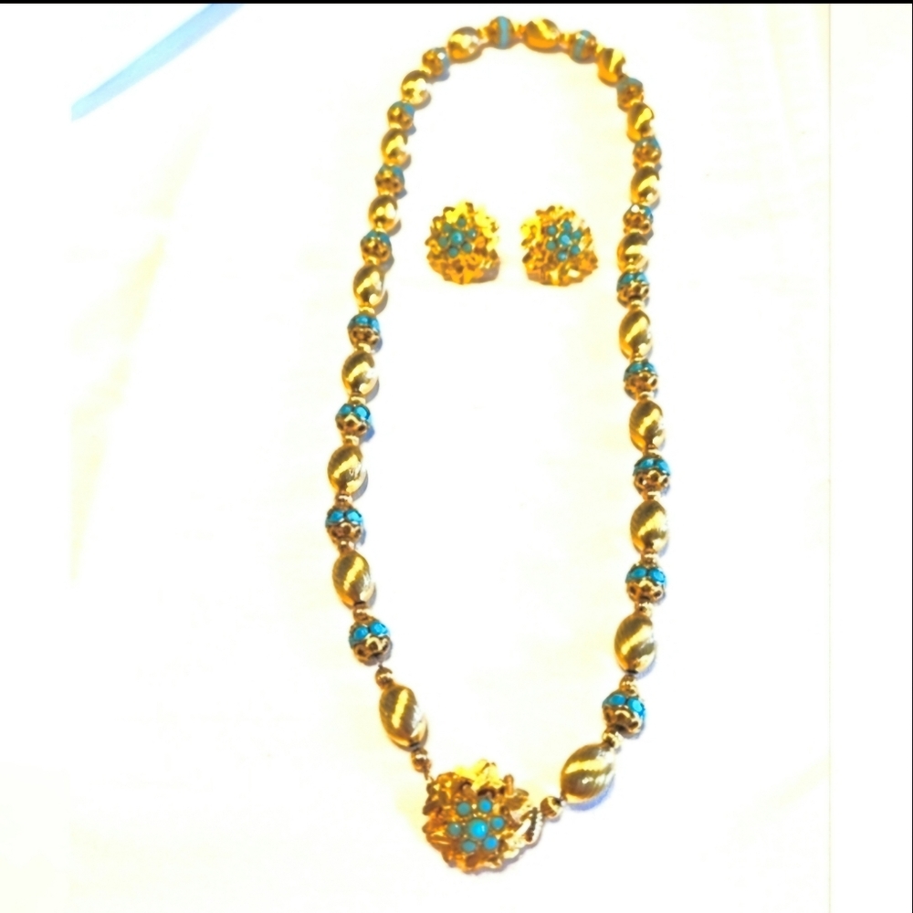 Turquoise Rondelle Bead Filigree Brushed Gold Tone Vintage Necklace Earrings